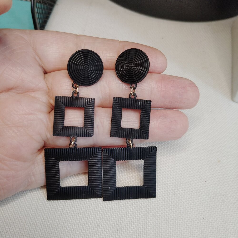 Black Geometric Square Drop Earrings Textured Finish 2.5 Inch Drop